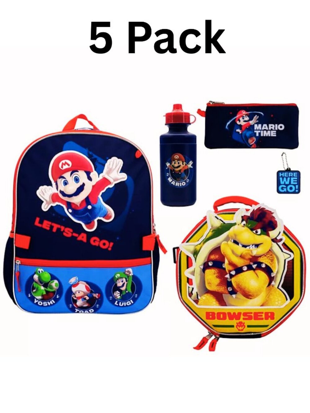 Mario Backpack Set with Water Bottle & Pencil Case 5-Pack